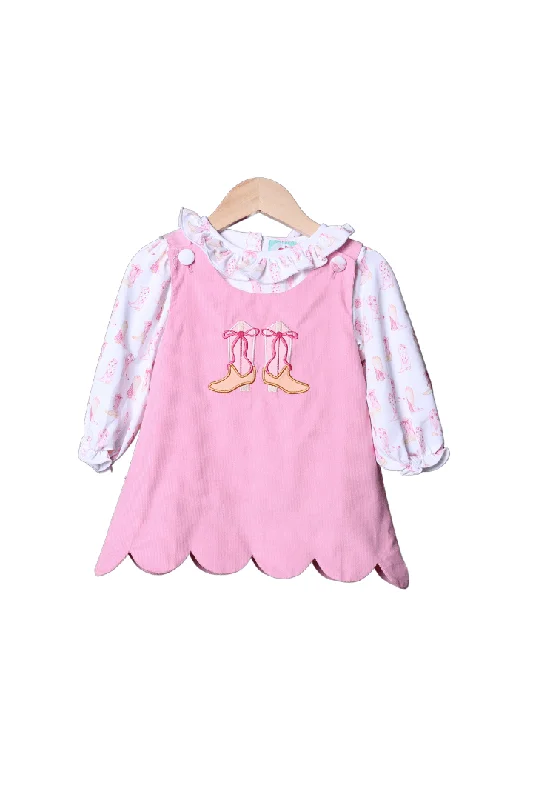 Applique Cowgirl Boots Pink Corduroy Dress sweetheart Neckline Romantic