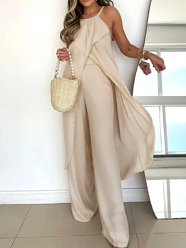 High-Low Spaghetti Strap Top and Pants Set Cozy Fitted Pants