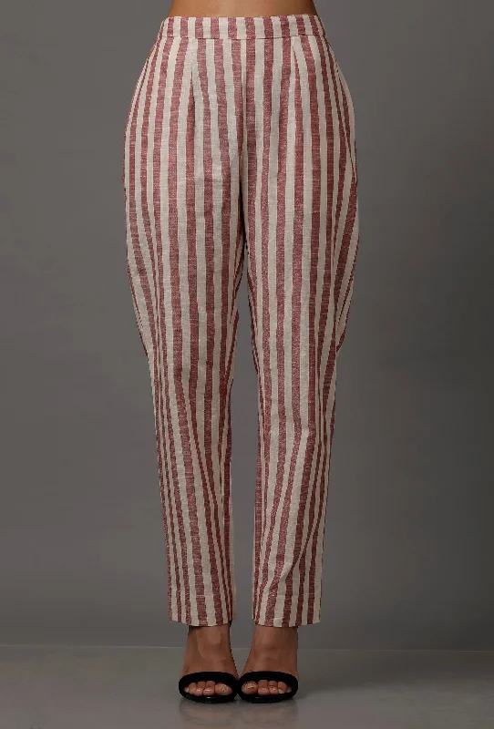 Red and White Stripes Pure Woven Cotton Pants Relaxed Linen Pants