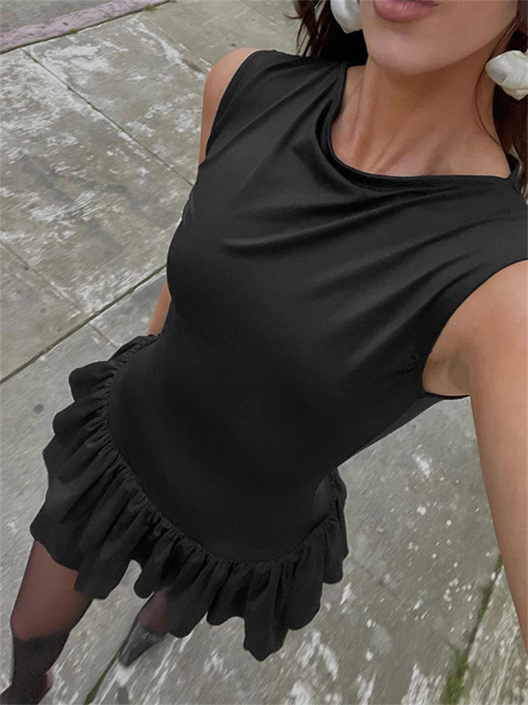 Bonnyshow   Ruffles Splice Sexy Vest Mini Dress For Women Sleeveless Slim Fit Fashion Solid Color Hot Girl Club Party Dress Female Tunics Office stylish