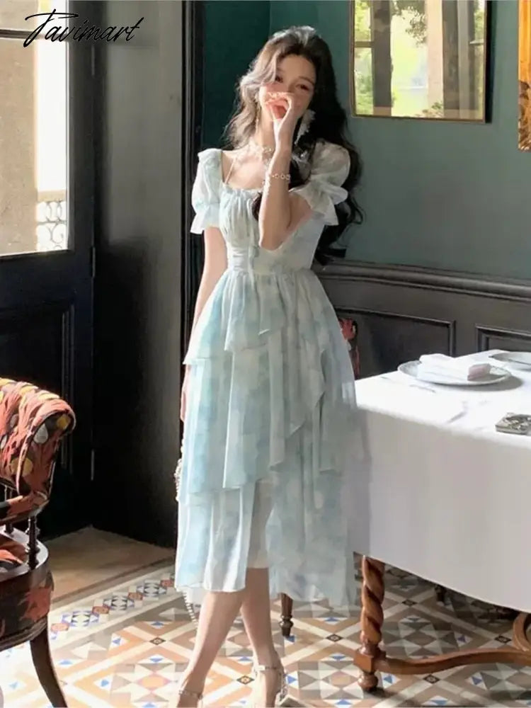 Tavimart Summer Elegant Party Dress Lady puff Sleeve Beach Dress Woman Vintage square Floral One Piece cake Dress Halter Neckline Beach