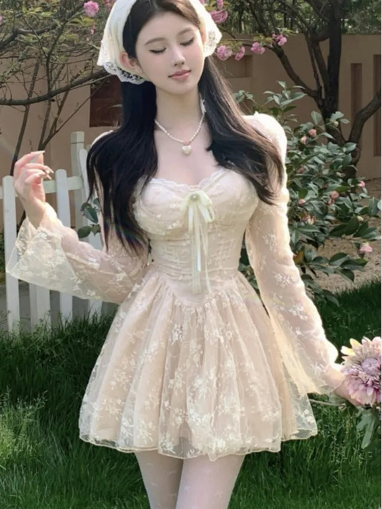 TAVIMART  -  Sexy Lace Flare Sleeves Short Dresses for Women Square Collar Ruffles A-line Birthday Party Dress Korean One Piece Mini Vestido Tunics Lace romantic