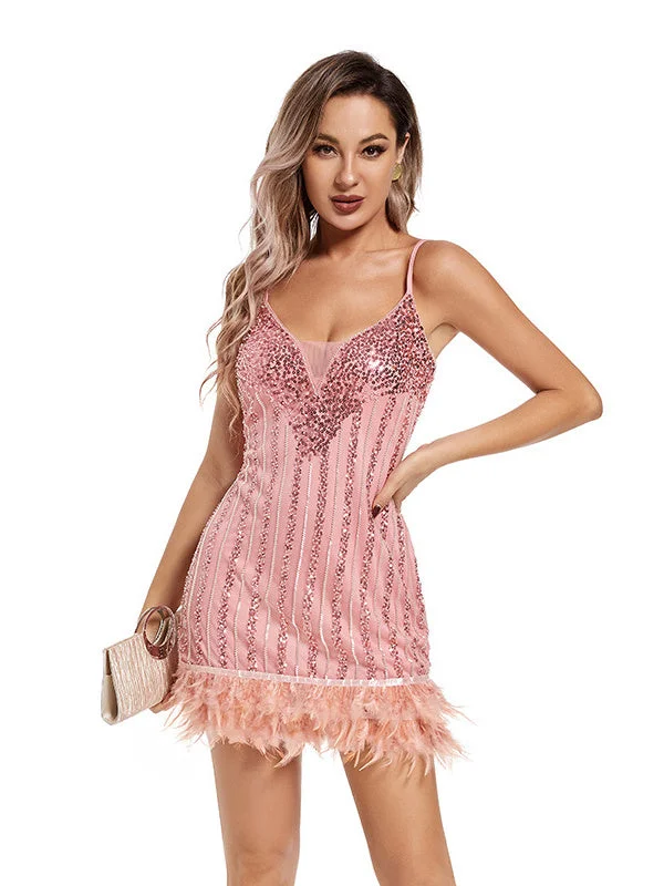 1920s Column/Sheath Spaghetti Straps Feather Vintage Short Party Dresses Tunics Favorite customer