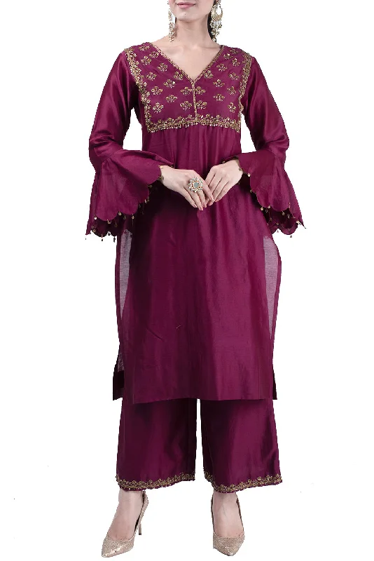 Wine embroidered kurta with pants Relaxed Lounge Trousers