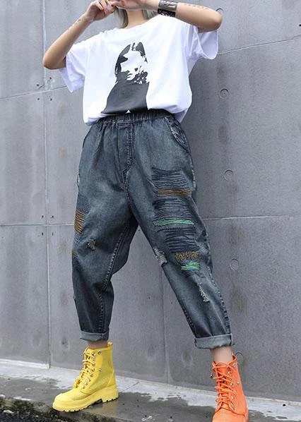 High waist summer nine points embroidery vintage broken hole carrot pants Fashionable Tapered Leg Pants