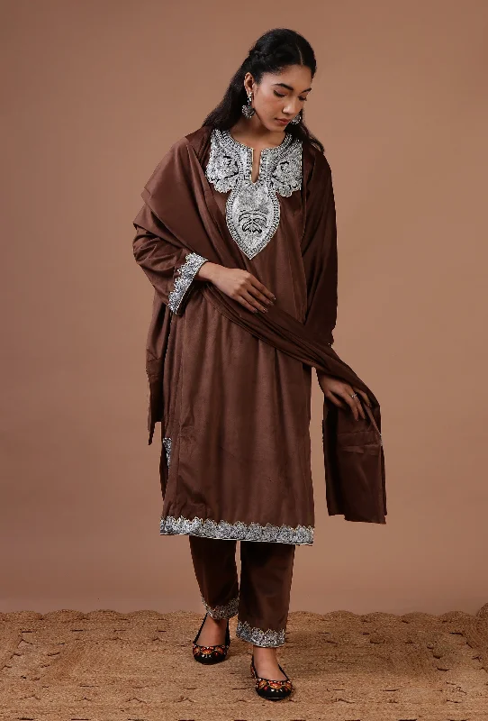Purple Brown Velvet Zari Embroidered Kurta, Pant And Dupatta Set- Free Size Classic Bootcut Trousers
