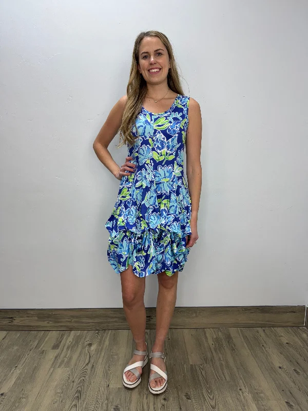 Blue and Green Floral Sleeveless Bubble Dress Tunics Trendy modern