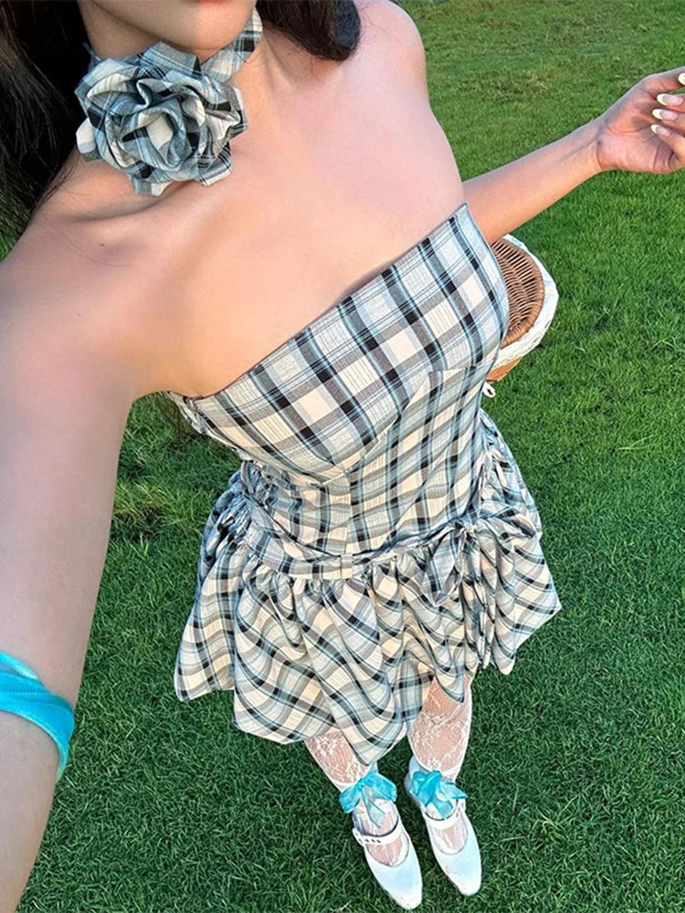 Bonnyshow Fashion Retro Tube Top Floral Plaid Print Strap Bud Dress For Women Folds Hem Splice Mini Dress Sweet Party Dress Female Tunics Short Trendy