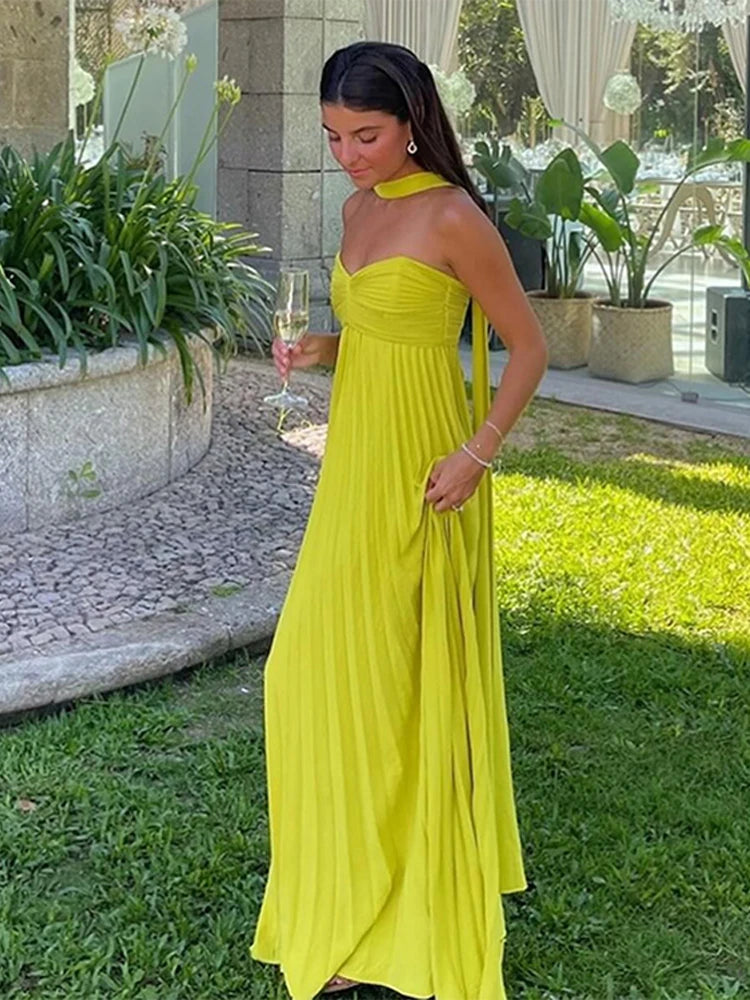 TAVIMART  -  Elegant Pleated Tube Long Dress With Ribbon Women Vintage Solid Sleeveless Lace Up Party Dresses Female Chic Evening Vestidos Tunics Summer linen