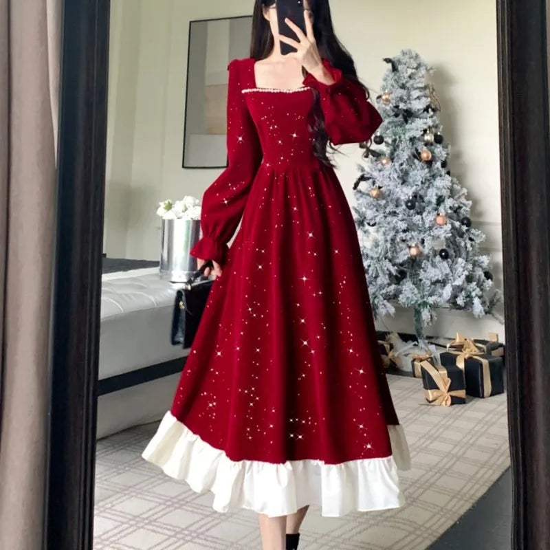 TAVIMART  -  Autumn Shiny Velvet Midi Dresses for Women Long Sleeve Square Collar Oversize Ruffles Patchwork Christmas Party Dress Vestidos Tunics Velvet soft