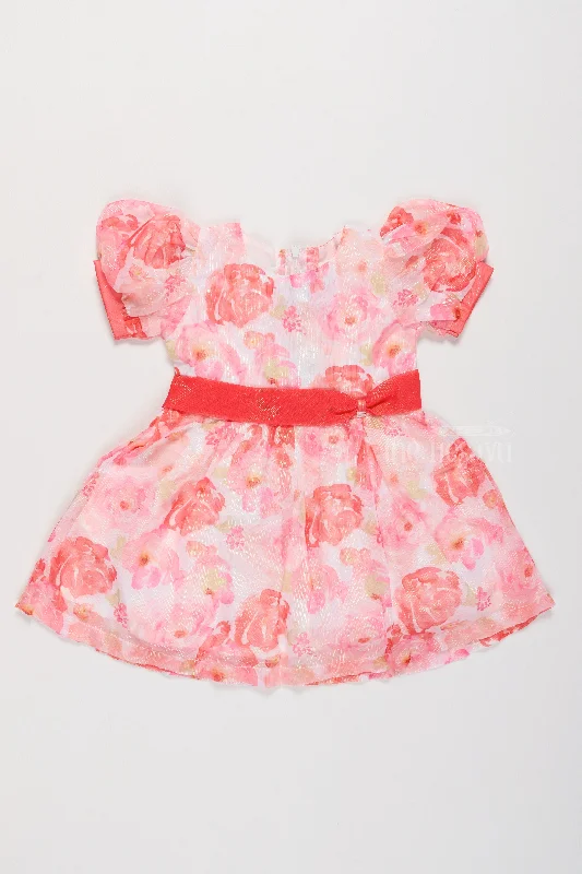 Girls Wedding Wear Georgette Dress with Peach Floral Print and Puff Sleeves Casual Short Summer