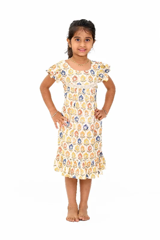 Stylish Girls Cotton Daily Wear Dress with Vibrant Floral Pattern and Ruffle Details Tunics Print Colorful