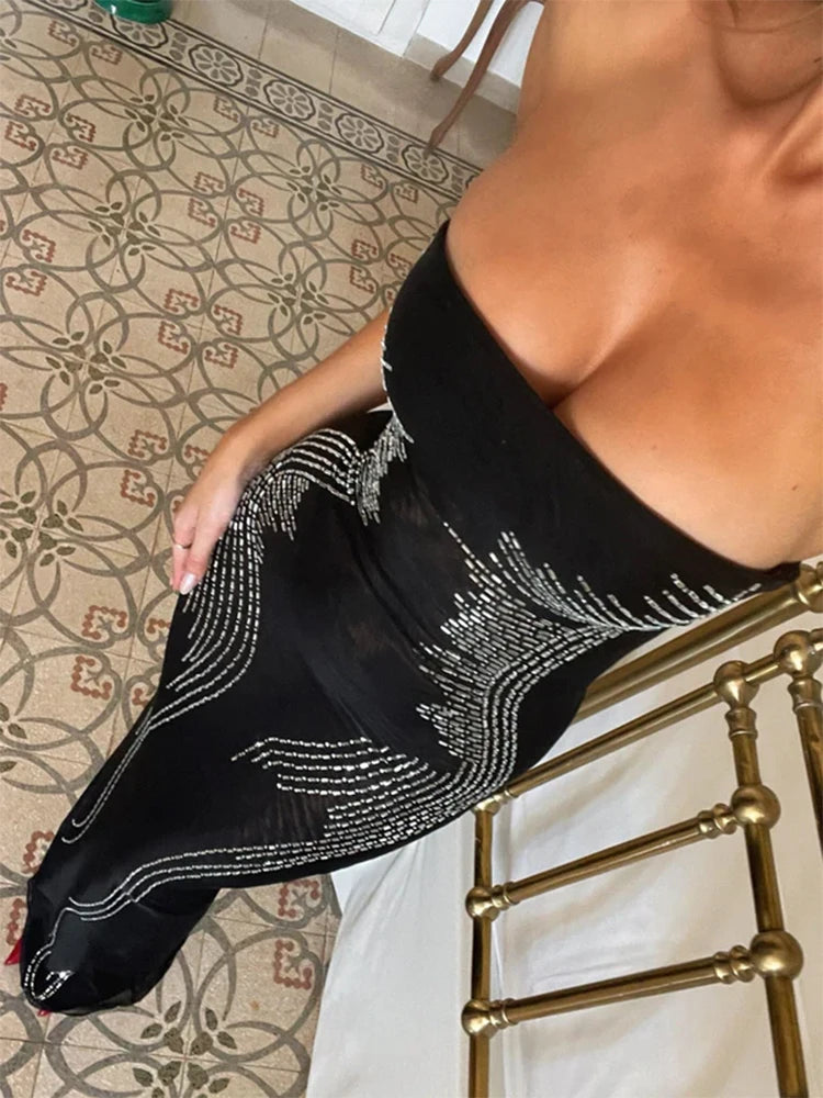 Bonnyshow Glitter Diamond Bodycon Sexy Dress Women 2024 Backless Party Dress Strapless High Split Long Summer Dress Vestidos Turtleneck Warm Winter