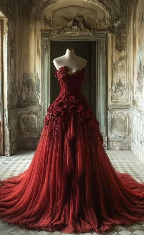 Bonnyshow Retro Ball Gown Off The Shoulder Tulle Floral Party Dress Burgundy Prom Dress Evening Dress SD1748 High-Low Hemline Casual
