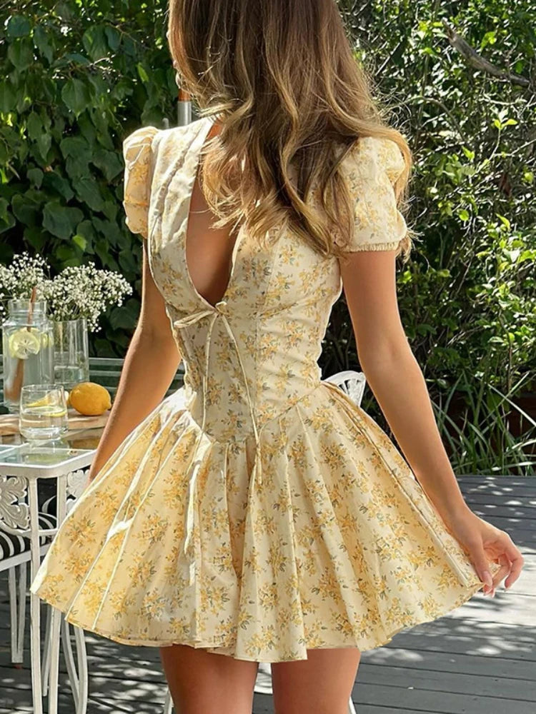 Bonnyshow   Sexy Deep V Neck Women's Dresses 2024 Summer Fashion A-line Dress Female High Waist Pleated Printed Beach Party Dresses Tunics New arrival