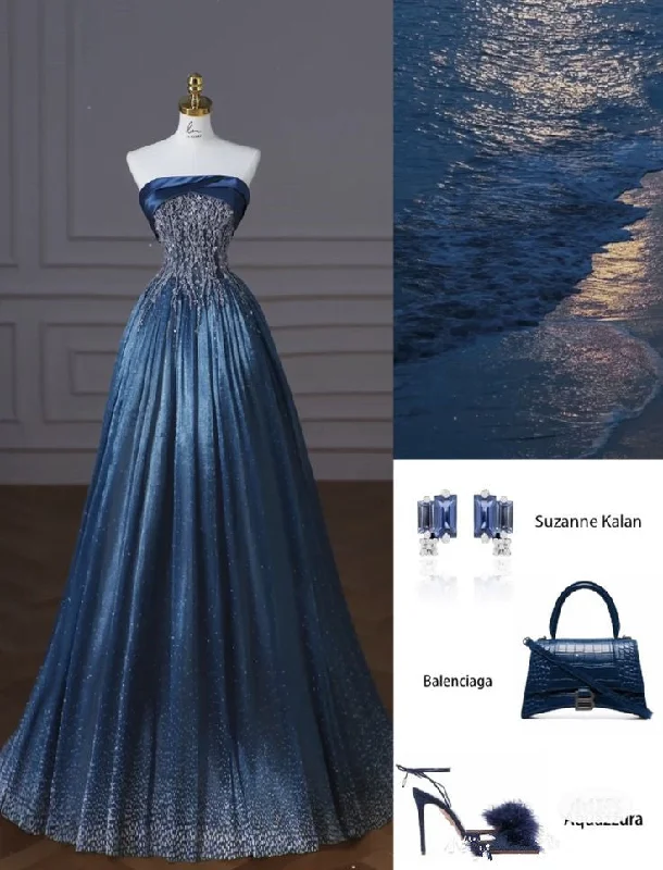 Bonnyshow Retro Ball Gown Strapless Neckline Sequin Blue Party Dress Long Prom Dress Evening Dresses SD1754 Tunics Distressed trendy