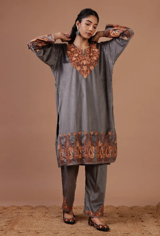 Grey Velvet Ari Embroidered Kurta & Pant Set- Free Size Comfortable Maternity Pants