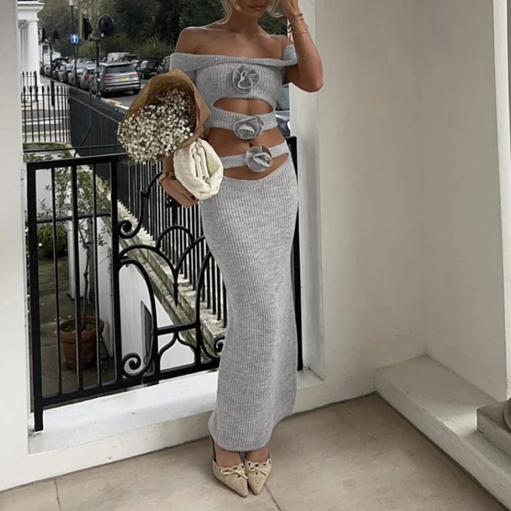 Bonnyshow  Slash Neck Hollow Out Knitted Dresses Bodycon Flowers Decoration Solid Sexy Dress Long Women Summer Party Dresses Vestidos Tunics Sophisticated sleek