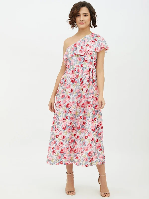 Women's Floral One shoulder Polyester Crepe Long dress - StyleStone Maxi Flowy Bohemian