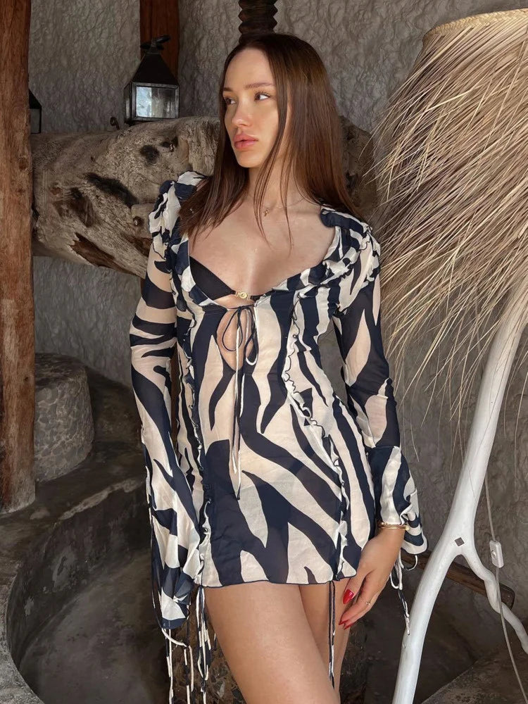 Bonnyshow  - V-Neck See-Through Zebra Printed Mini Dress For Women Lace-Up Hollow Out Long Sleeve Party Dress Striped Sexy Female Dress Tunics Occasion special