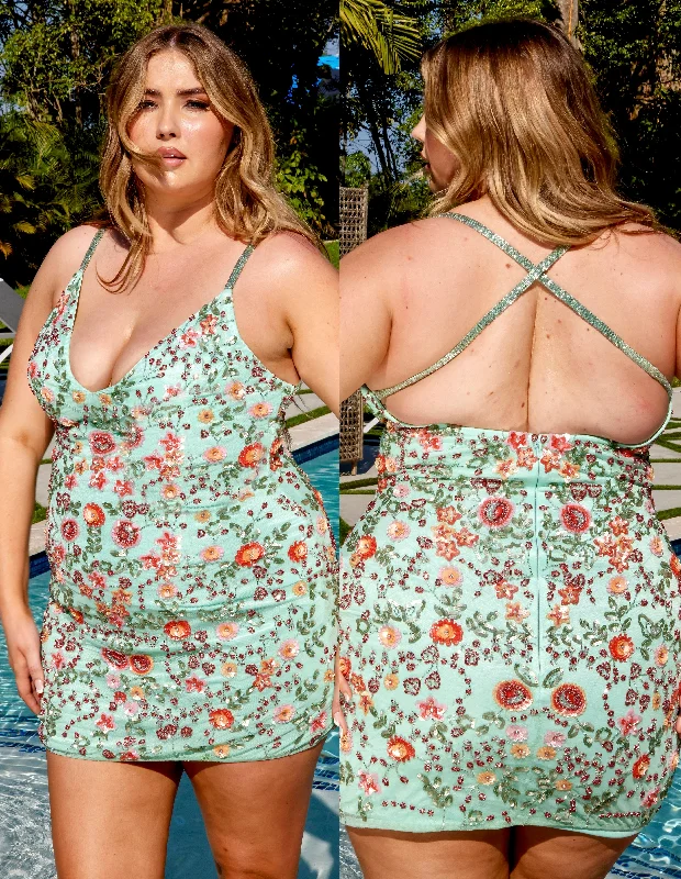 Primavera Couture 14034 Curvy Cocktail Dress Fully Embroidered Floral Print V-Neck Cross Back Curvy Short Homecoming Cocktail Dress A-Line Day Work