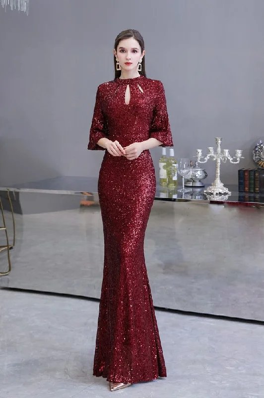 Glitter Half Sleeves Key hole Mermaid Party Dress Burgundy Sequined Elegant Party