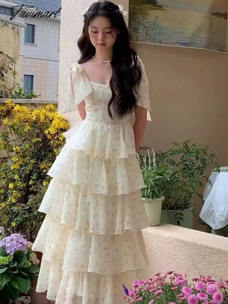 Tavimart Summer Elegant Floral Print Cake Party Dress Vintage Women Sleeveless Lace Up Princess Dress Lady Holiday Beach Prom Dress Tunics Party sparkling