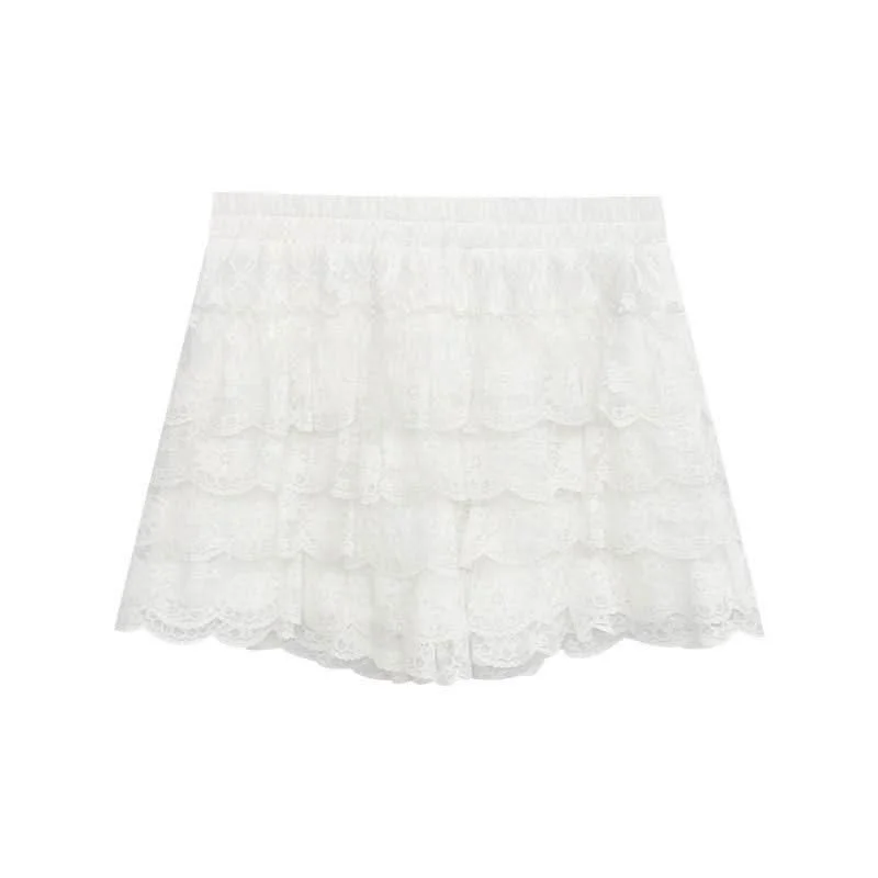 Lace ruffle solid short pant Wide-Legged Palazzos