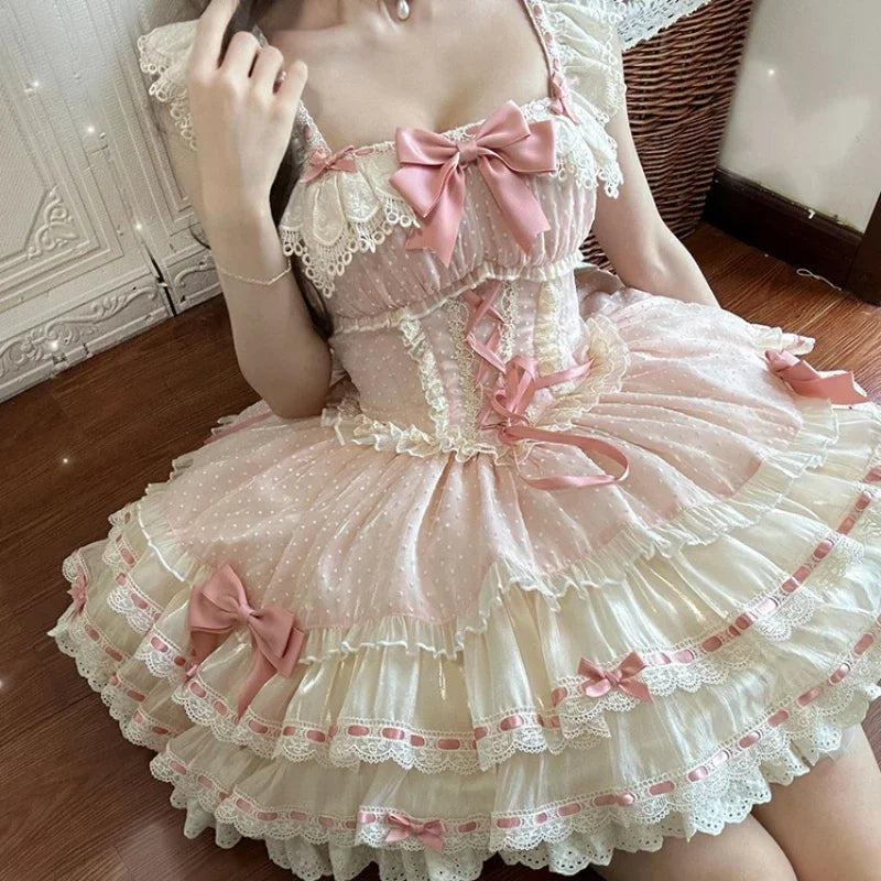 TAVIMART  -  Women Kawaii Lace Bow Ruffles Tea Party Dresses Japanese Sweet Lolita Jsk Mesh Dress Harajuku Cute Pink Princess Mini Cake Dress Chiffon Maxi Beach