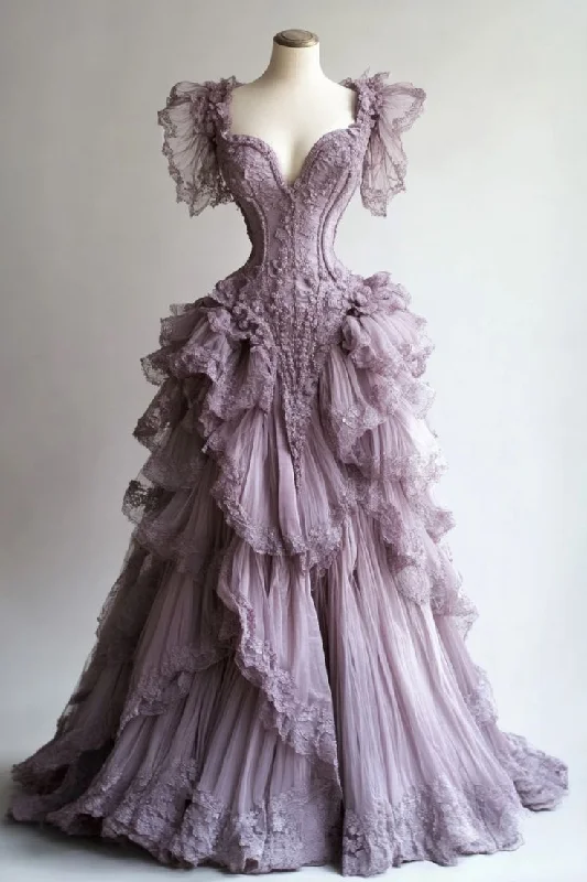 Bonnyshow Retro Ball Gown Sweetheart Layers Lilac Tulle Party Dress Long Prom Dresses Evening Dress SD1782 Satin Halter Glamorous