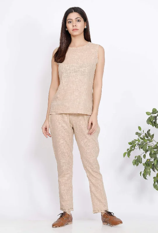 Set of 2 : Beige Cotton Slub Top and Pants Elegant Dress Pants