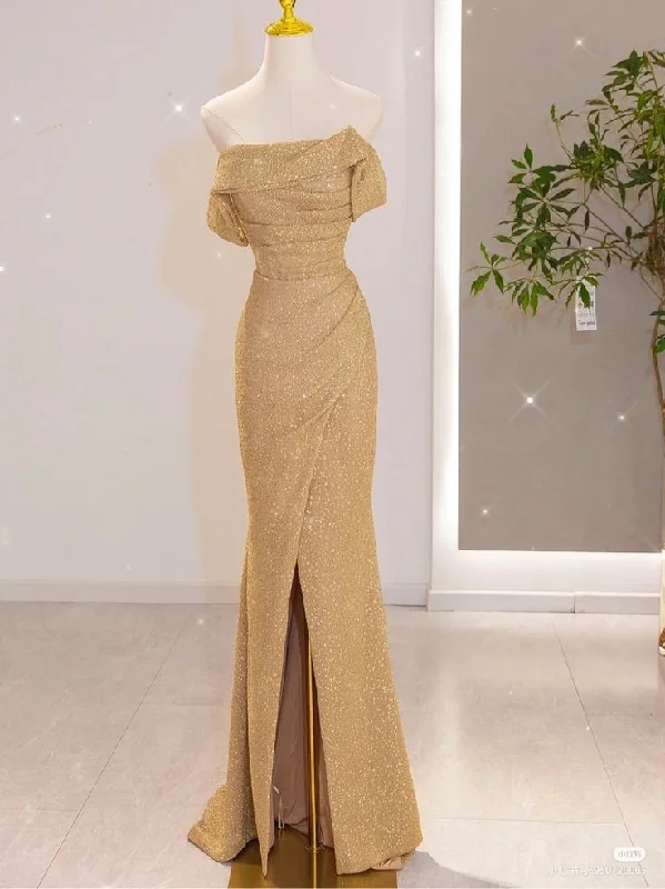 Bonnyshow Classy Mermaid Off The Shoulder Gold Slit Sequin Long Party Dress Prom Dresses SD1812 Tunics Short Trendy