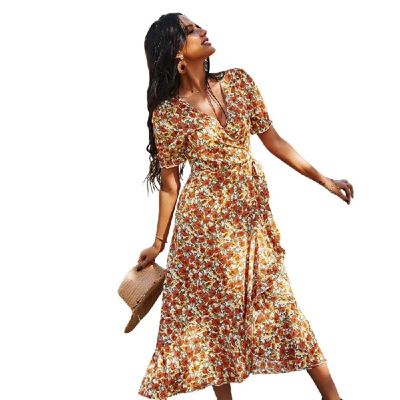 Women's Printed Dress 2021 Spring And Summer Waist Slim Skirt Tunics Vintage classic