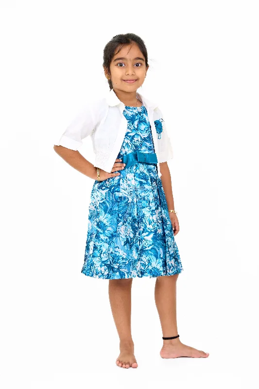 Girls Chiffon Easter Dress with Blue Floral Satin Skirt and Cropped Shrug Square Neckline Feminine