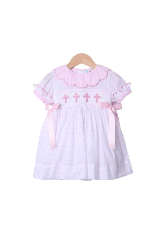 Smocked Pink Swiss Dot Cross Dress Tunic Top Casual