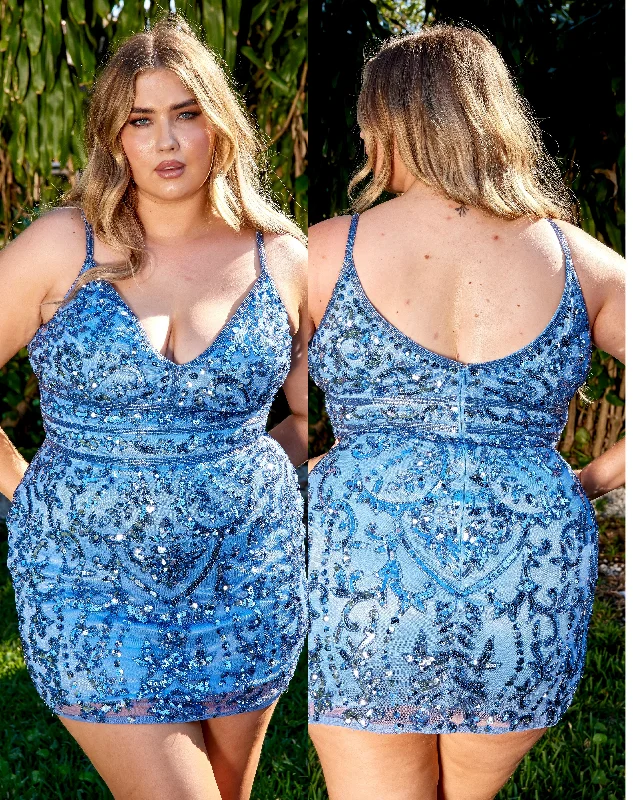 Primavera Couture 14035 Curvy Cocktail Dress Sequin Embellished Beaded Belt V-Neck Curvy Short Homecoming Cocktail Dress Tunics Stylish elegant