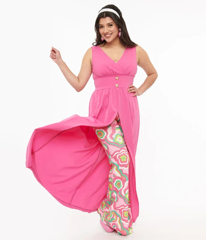 Barbie x Smak Parlour 1970s Pink & Green Floral Evening In Flare Pants Sleek Black Pants
