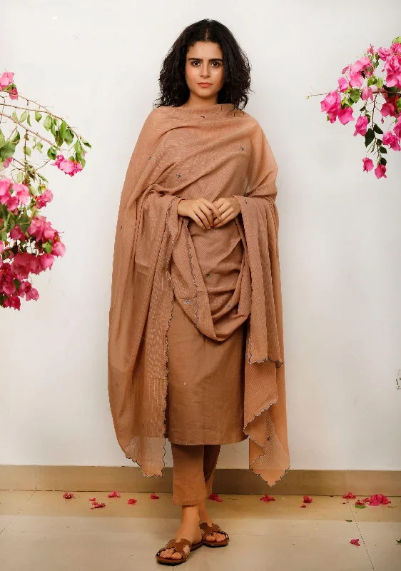 Set of 3: Brown Cotton slip Kurta with Brown Kota Dupatta and Brown straight Cotton Pants Stylish Slim Trousers