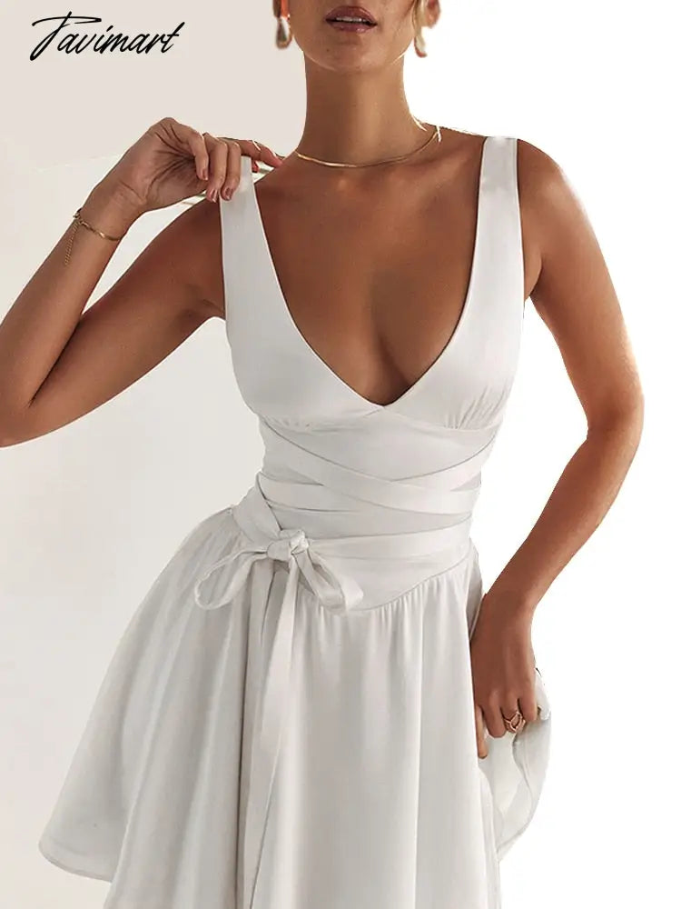 Tavimart White Dress Women's Solid Satin A-Line Mini Dress Autumn Elegant Slim V-Neck High Waist Sexy Women's Party Dresses formal occasi Glittery Long Formal