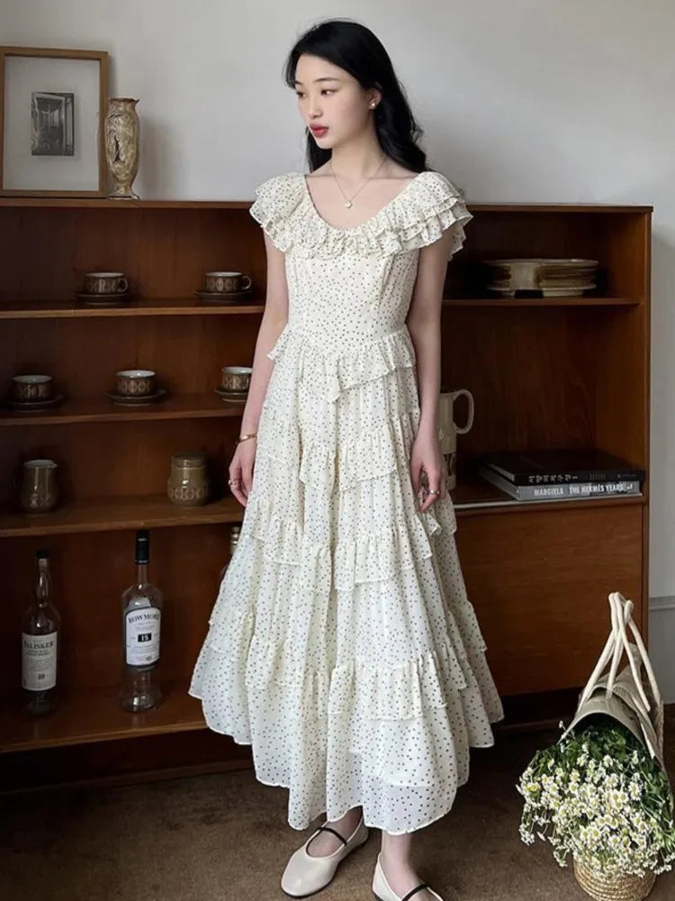 Bonnyshow Vintage Layer Ruffles Dot Printed Maxi Dress Runway 2023 Summer Women Cake Party Dress Korean Street Holiday Beach Vestidos Tunics Versatile stylish