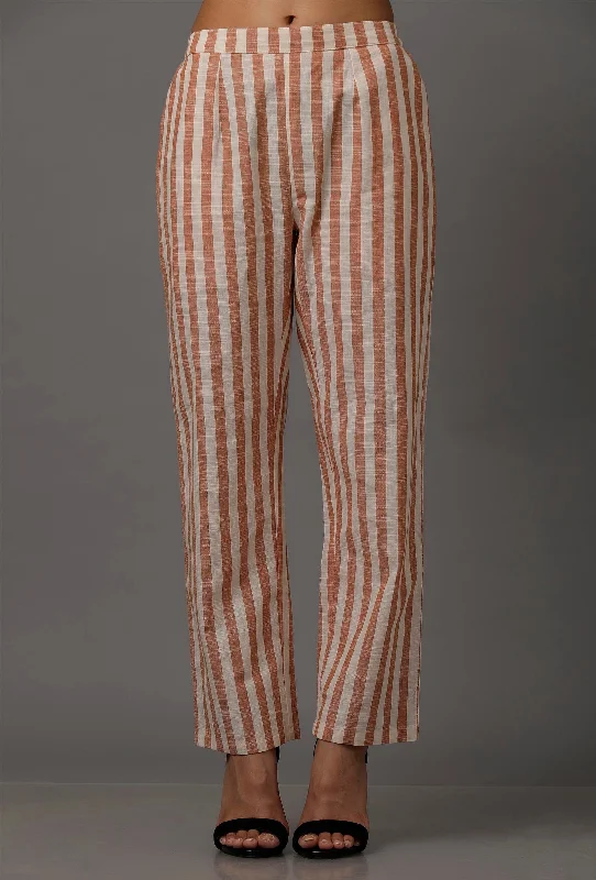 Orange and White Stripes Pure Woven Cotton Pants Casual Drawstring Pants