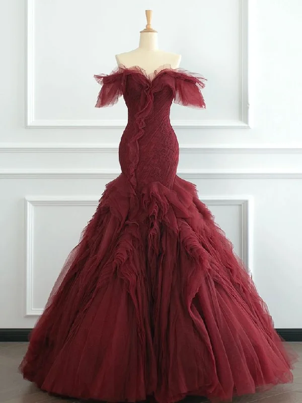 Bonnyshow Classy Mermaid Off The Shoulder Burgundy Tulle Long Party Dress Prom Dresses SD1816 Tunics Print Colorful