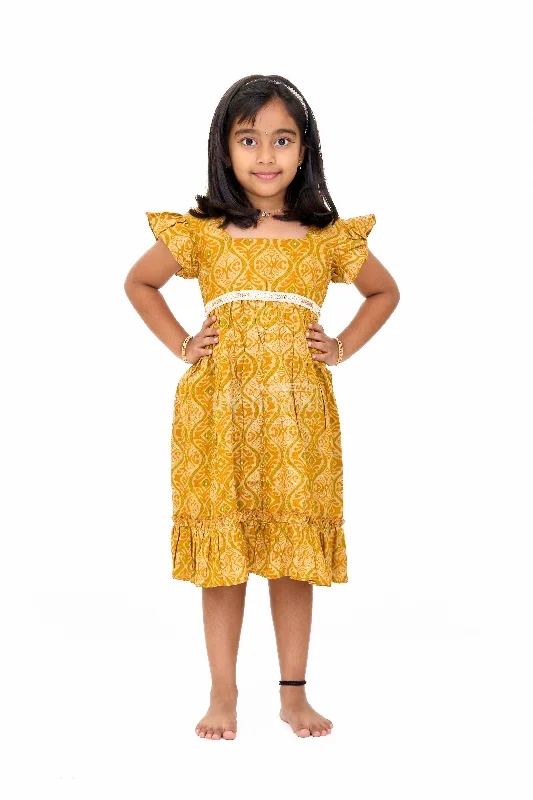 Solid Cotton Dress for Girls in Mustard with Ruffle and Lace Details Tunics Corduroy durable