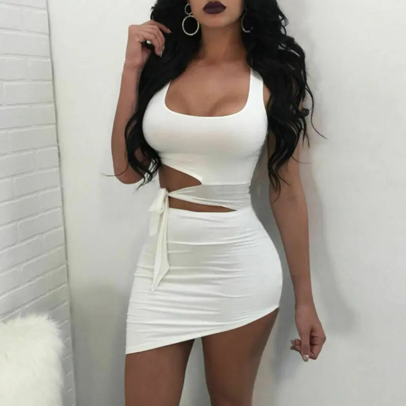 Bonnyshow New Fashion Women Sexy Hypotenuse Dress Hollow Out High Waist Sexy Package Hip Dress Evening Party Dress Satin Halter Glamorous