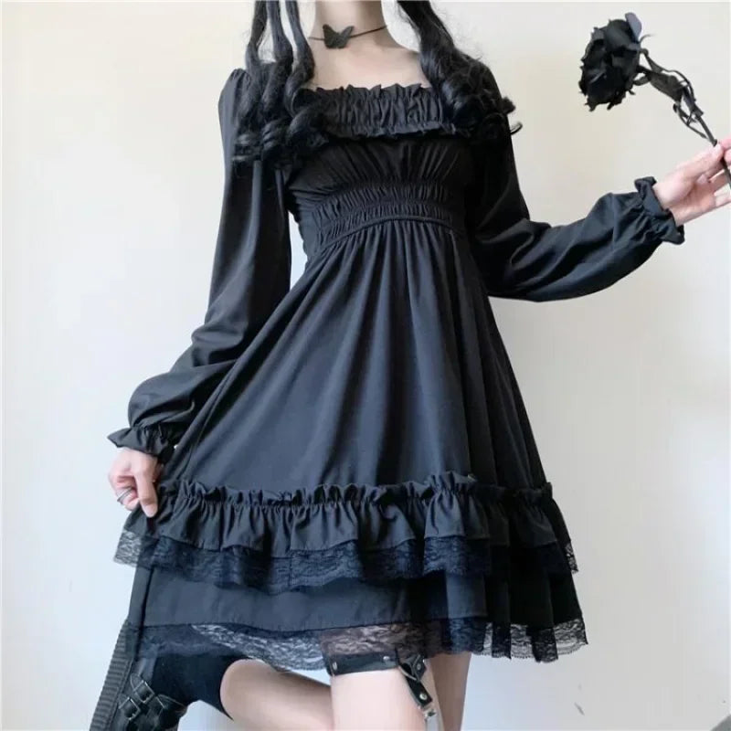 Bonnyshow Japanese Lolita Style Women Princess Black Mini Dress Slash Neck High Waist Gothic Dress Puff Sleeve Lace Ruffles Party Dresses Tunics Spring floral