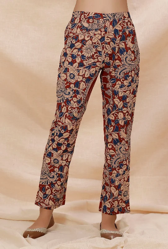 Rust Red Kalamkari Cotton Pants Comfy Zip-Up Pants