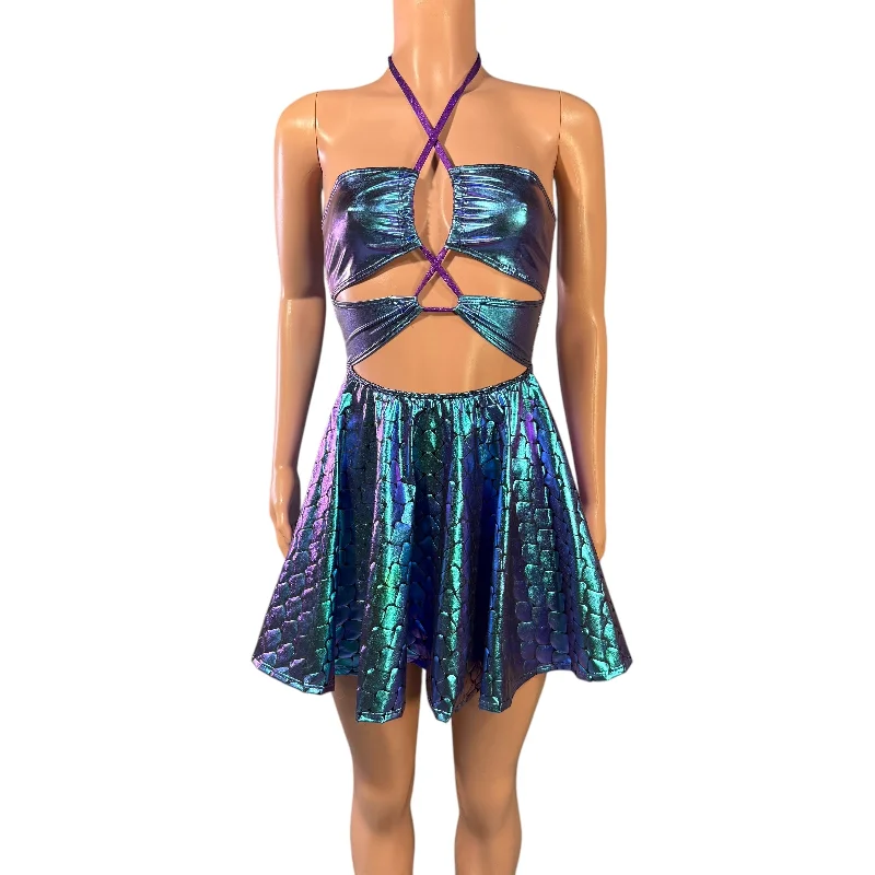 Halter Skater fit n flare X-String Dress in Oil Slick Holographic & Mermaid Tunics Bestseller popular