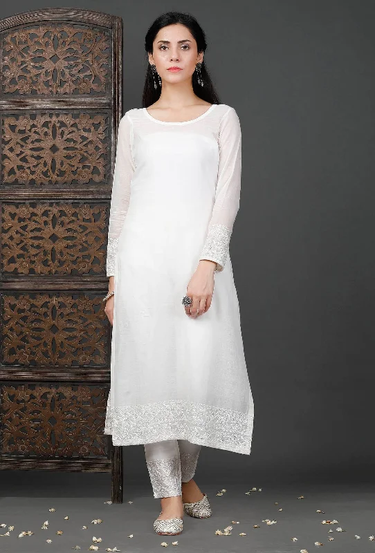 Set of 2: White Embroiderd Kurti And White Pants Elegant Silk Pants