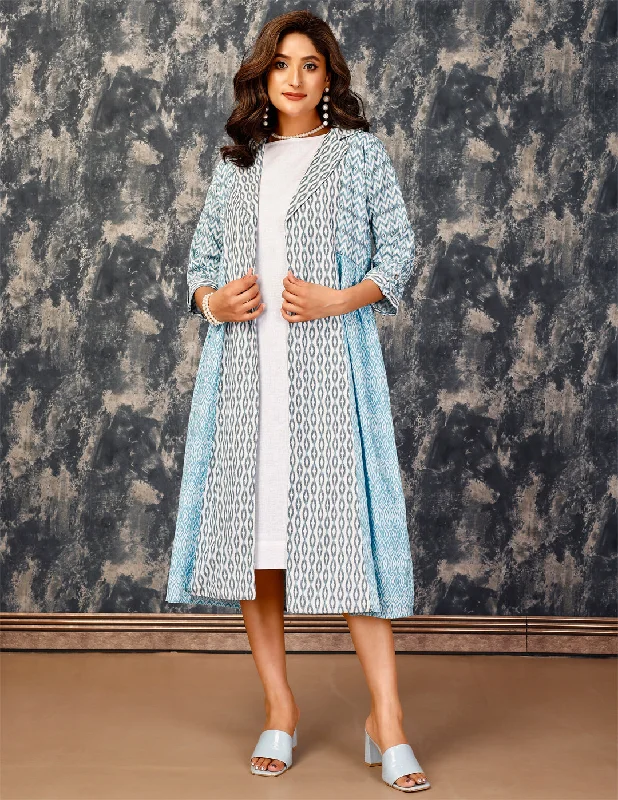 Women's Blue And White Bamboo Blended Dress With Cape - Komarri Tunics Mesh breathable