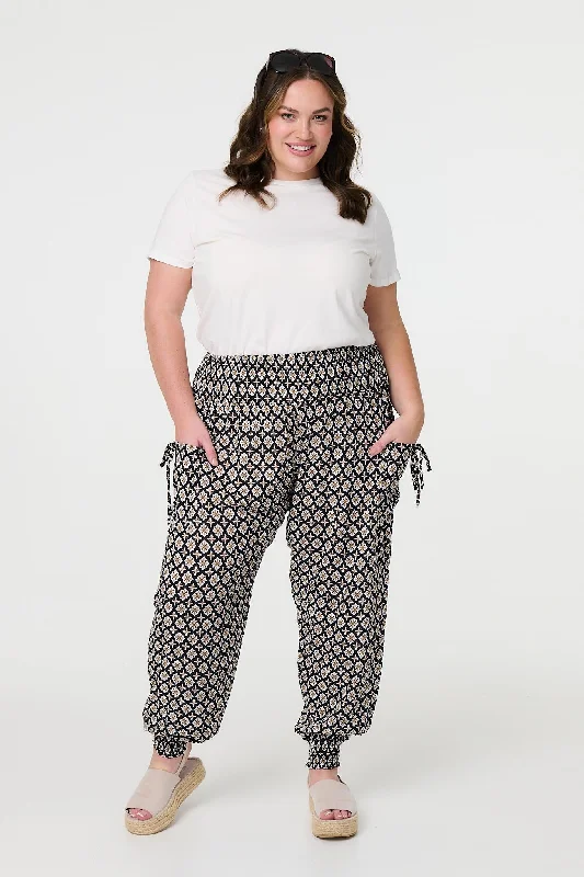 Mosaic Print Shirred Harem Pants Comfortable Wide-Leg Pants